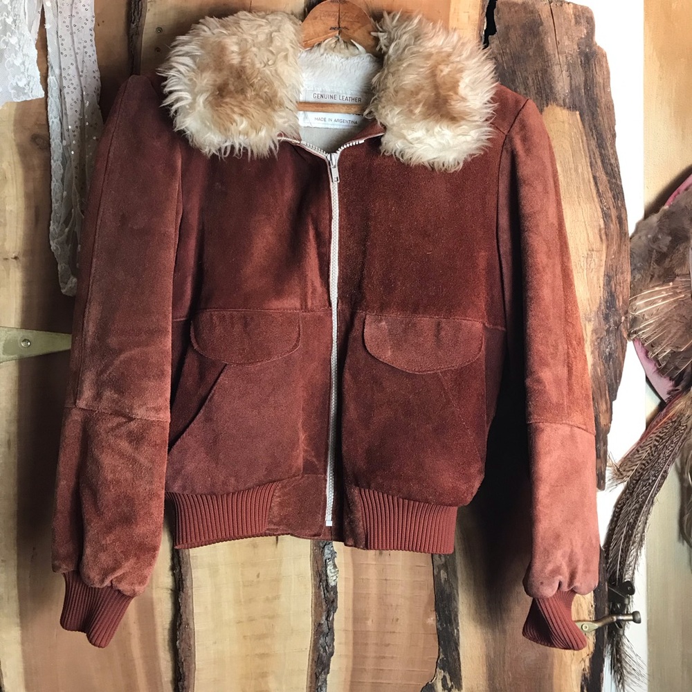VINTAGE 70s Suede and Faux Fur Bomber Jacket S - Picture 2 of 8